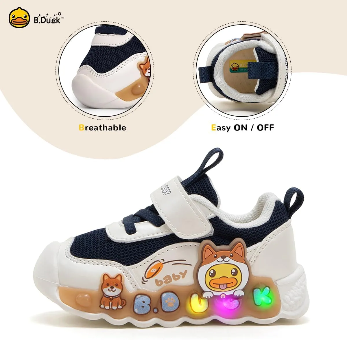 B.Duck Toddler Shoes for Girl and Boy Light Up Shoes [Comfortable & Playful] Kids Shoes with Led Toddler Running Shoes Toddler/Little Kid Sneakers Cute Cartoon Dinosaur Shoes Size 4-13