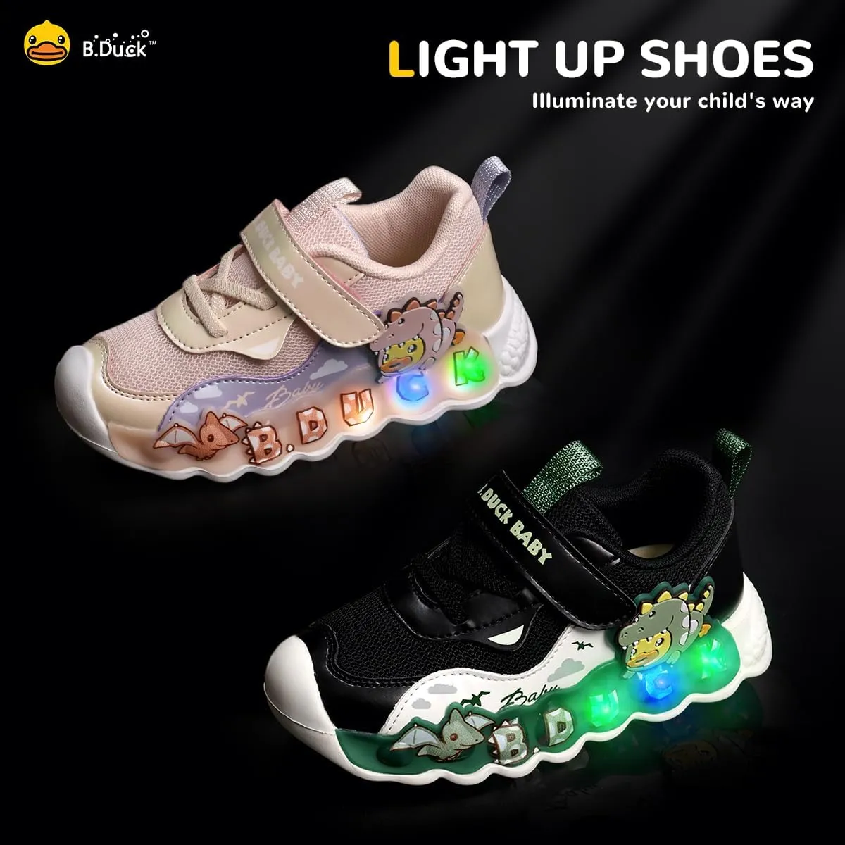 B.Duck Toddler Shoes for Girl and Boy Light Up Shoes [Comfortable & Playful] Kids Shoes with Led Toddler Running Shoes Toddler/Little Kid Sneakers Cute Cartoon Dinosaur Shoes Size 4-13