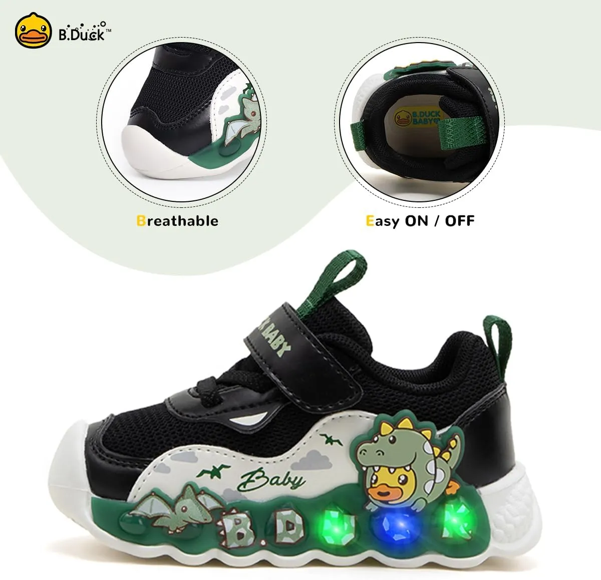 B.Duck Toddler Shoes for Girl and Boy Light Up Shoes [Comfortable & Playful] Kids Shoes with Led Toddler Running Shoes Toddler/Little Kid Sneakers Cute Cartoon Dinosaur Shoes Size 4-13