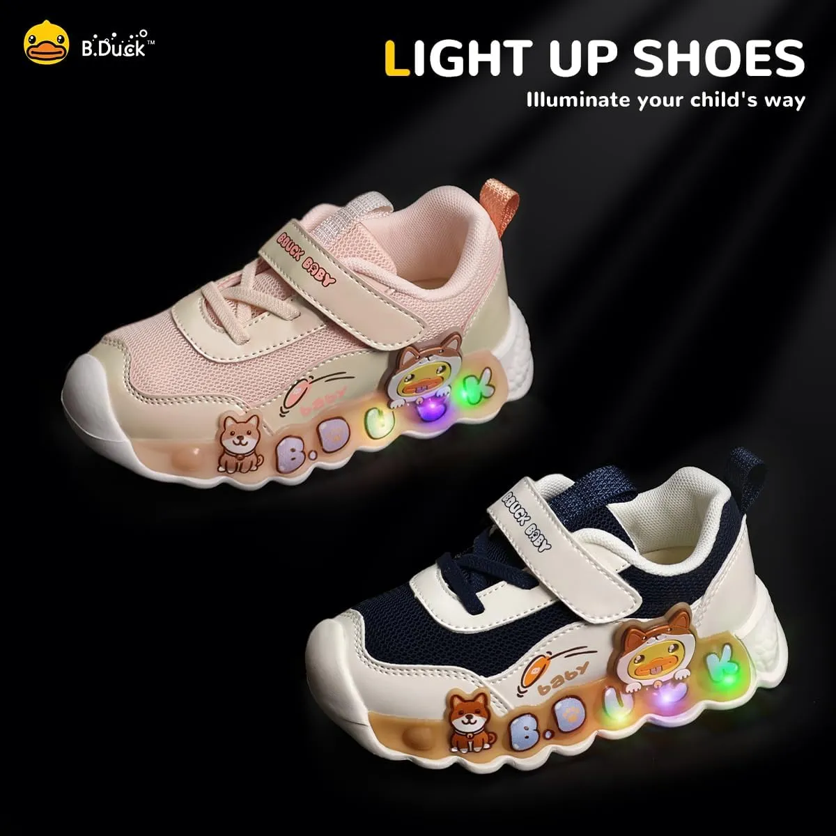 B.Duck Toddler Shoes for Girl and Boy Light Up Shoes [Comfortable & Playful] Kids Shoes with Led Toddler Running Shoes Toddler/Little Kid Sneakers Cute Cartoon Dinosaur Shoes Size 4-13