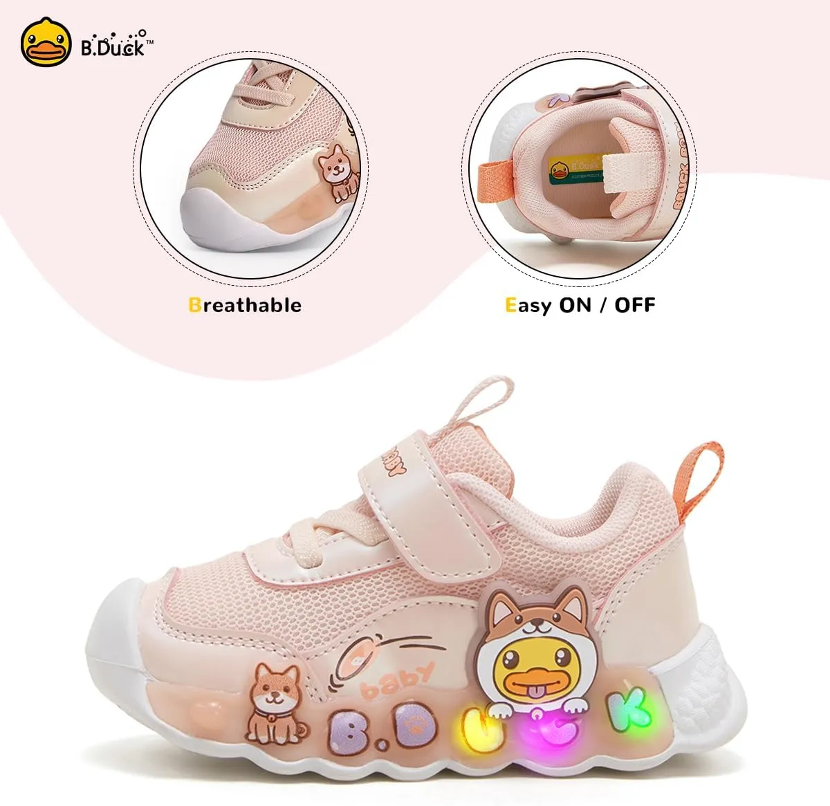 B.Duck Toddler Shoes for Girl and Boy Light Up Shoes [Comfortable & Playful] Kids Shoes with Led Toddler Running Shoes Toddler/Little Kid Sneakers Cute Cartoon Dinosaur Shoes Size 4-13
