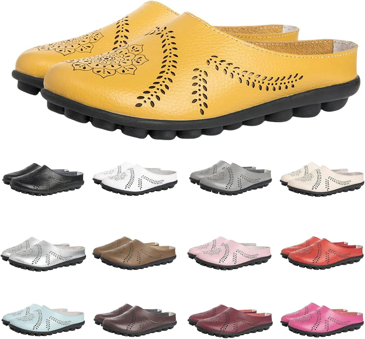 Casual All-Match Hollow Slippers Women's Comfortable Hollow Breathable Mule Sandals, Summer Flats Comfy Loafers for Women Slip on Leather Loafer Slippers