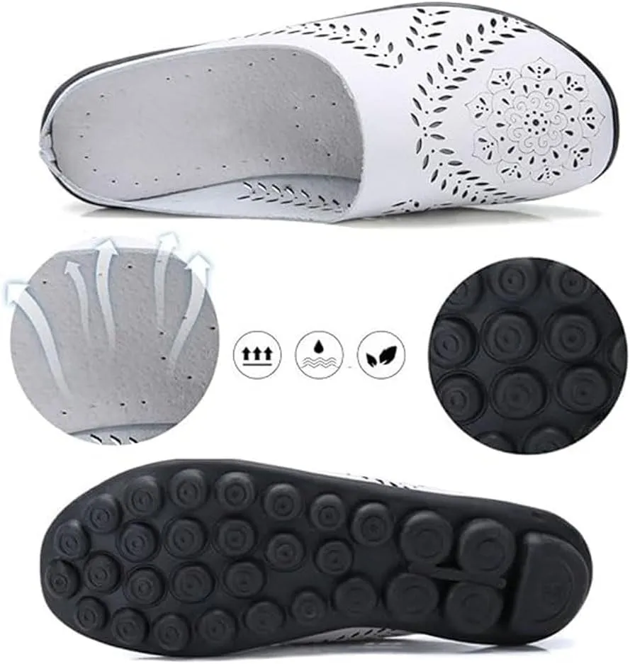 Casual All-Match Hollow Slippers Women's Comfortable Hollow Breathable Mule Sandals, Summer Flats Comfy Loafers for Women Slip on Leather Loafer Slippers