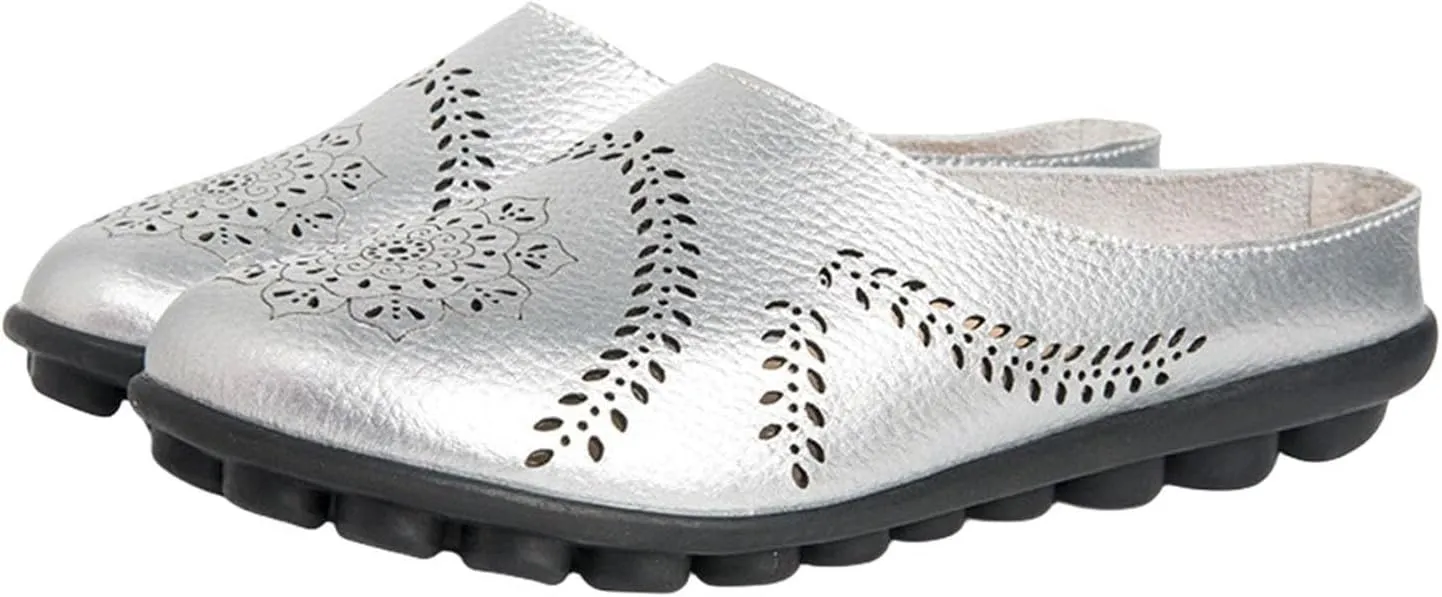 Casual All-Match Hollow Slippers Women's Comfortable Hollow Breathable Mule Sandals, Summer Flats Comfy Loafers for Women Slip on Leather Loafer Slippers