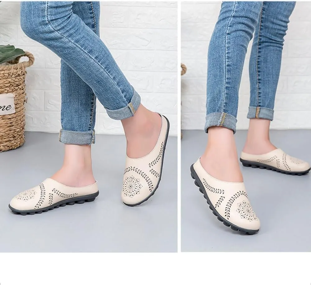 Casual All-Match Hollow Slippers Women's Comfortable Hollow Breathable Mule Sandals, Summer Flats Comfy Loafers for Women Slip on Leather Loafer Slippers