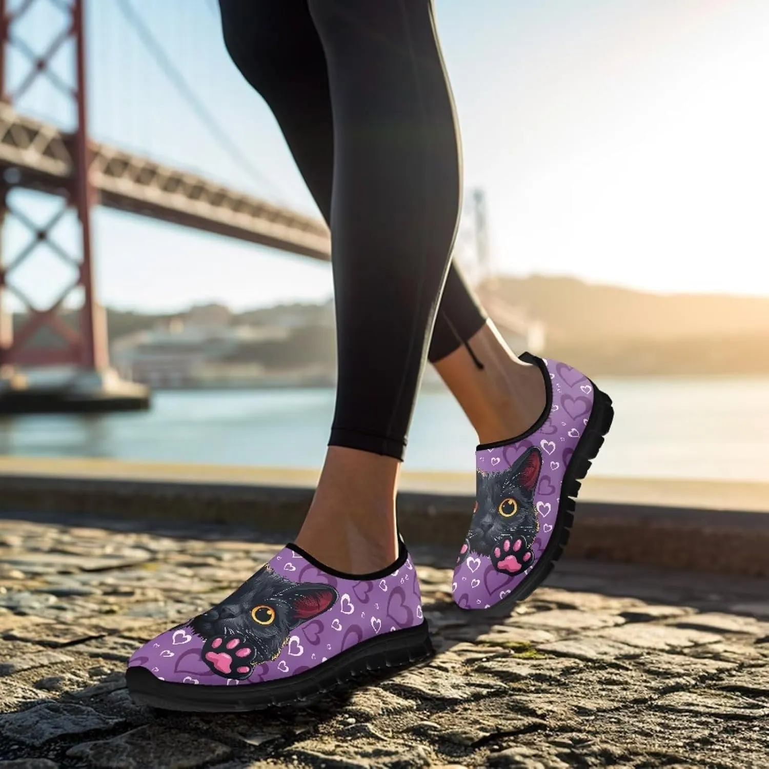 Cat Print Women's Slip Ons Loafers Soft Casual Mesh Sneakers Comfortable Non Slip Athletic Walking Shoes Black Sole Size 5.5-11.5
