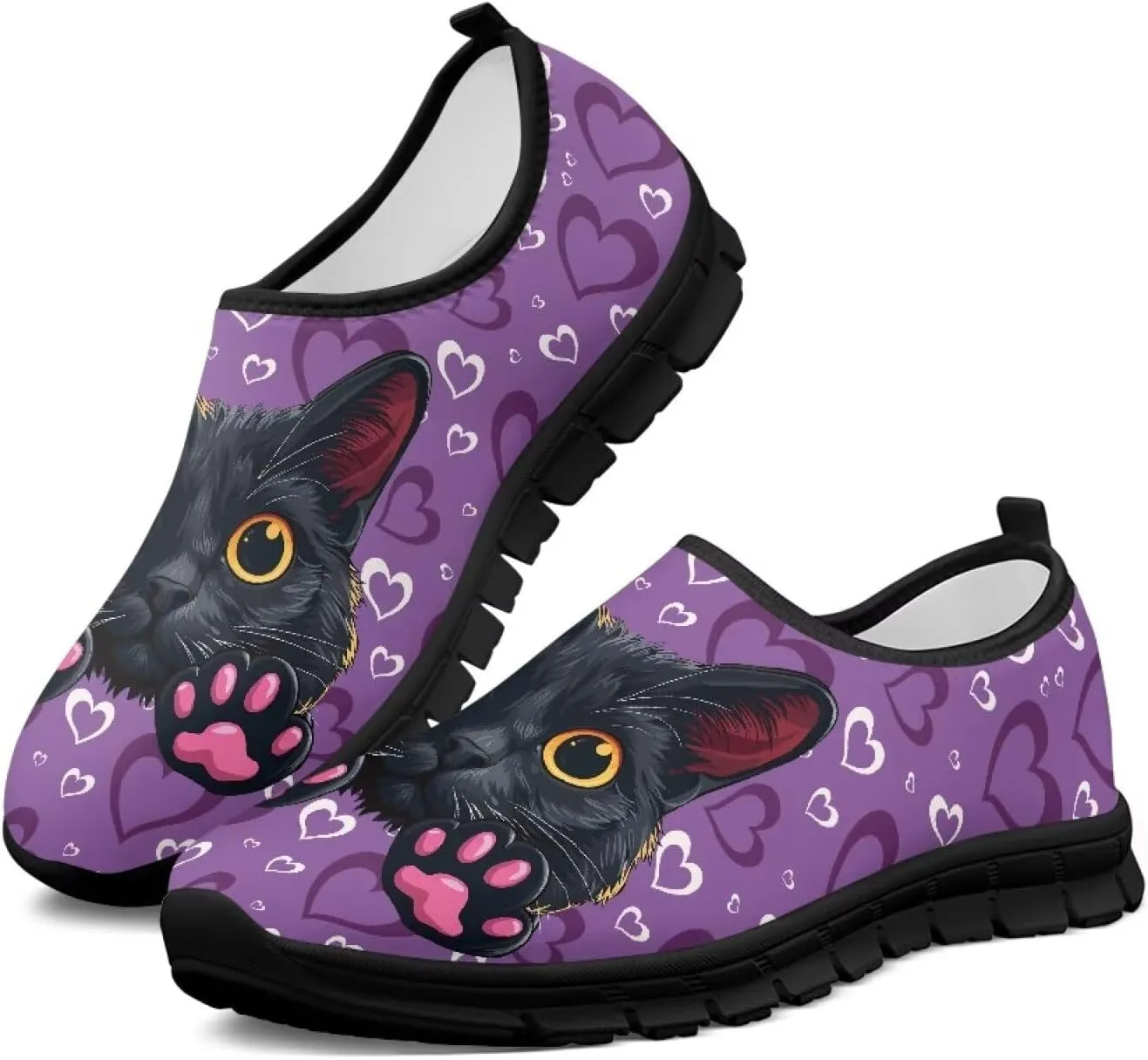 Cat Print Women's Slip Ons Loafers Soft Casual Mesh Sneakers Comfortable Non Slip Athletic Walking Shoes Black Sole Size 5.5-11.5