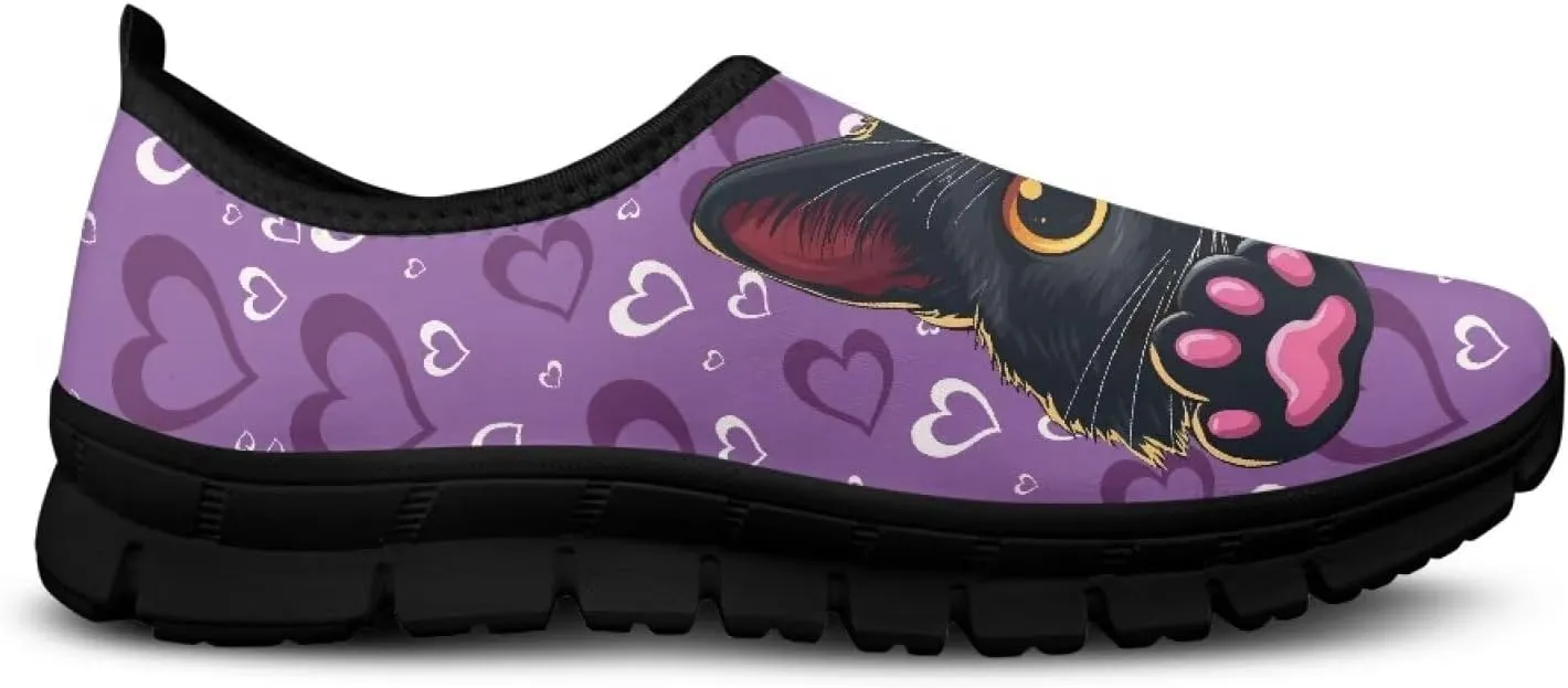 Cat Print Women's Slip Ons Loafers Soft Casual Mesh Sneakers Comfortable Non Slip Athletic Walking Shoes Black Sole Size 5.5-11.5