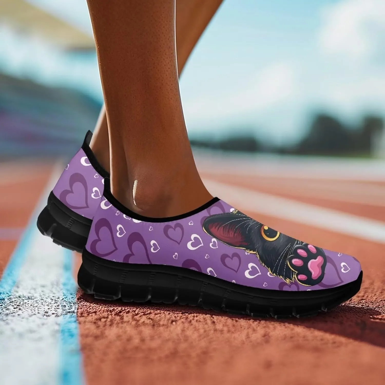 Cat Print Women's Slip Ons Loafers Soft Casual Mesh Sneakers Comfortable Non Slip Athletic Walking Shoes Black Sole Size 5.5-11.5