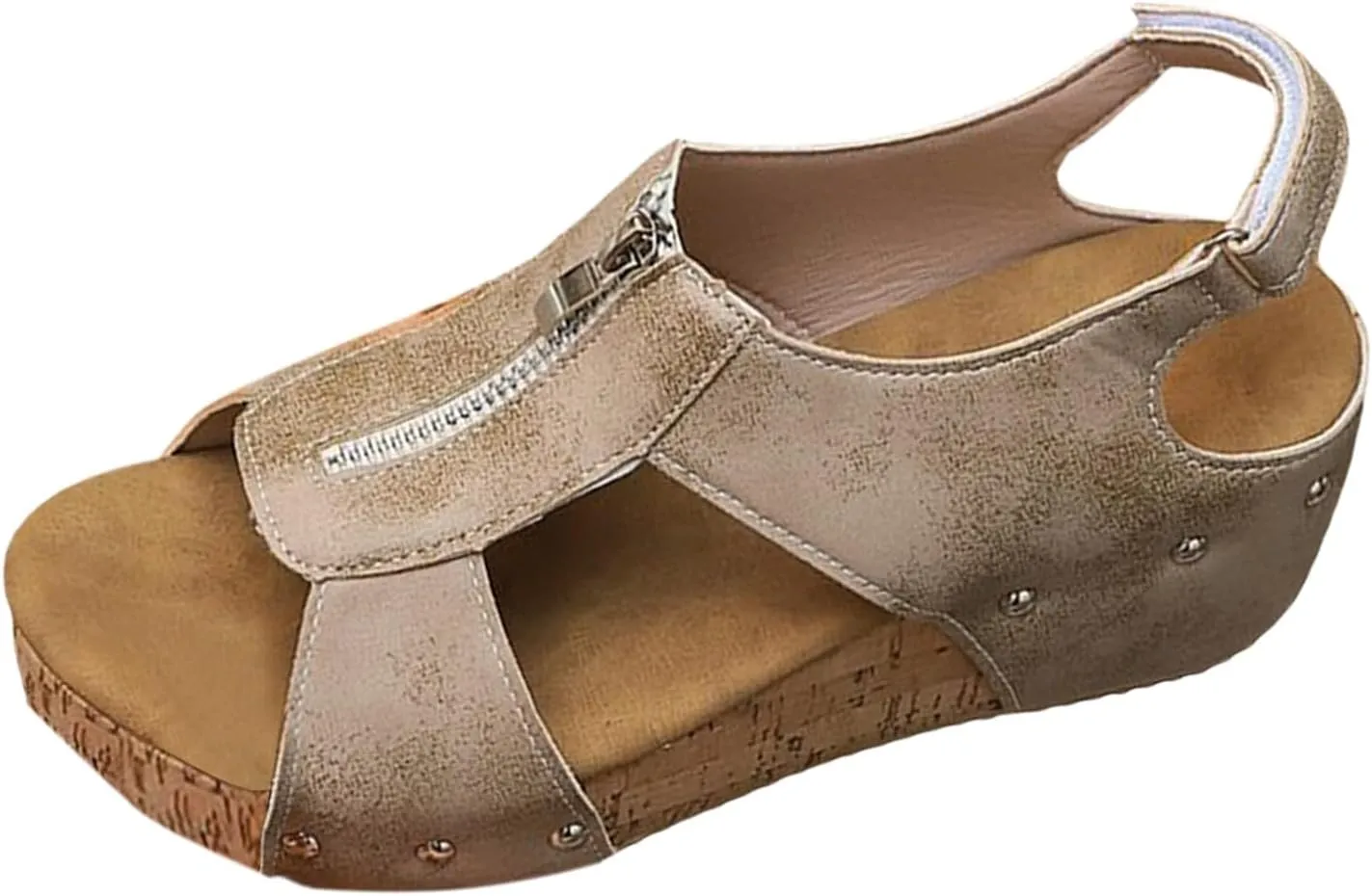 Cork Sandals For Women Summer Orthopedic Wedge Sandals With Arch Support Hollow Out Slip On Beach Slipper Zipper Leather Slides