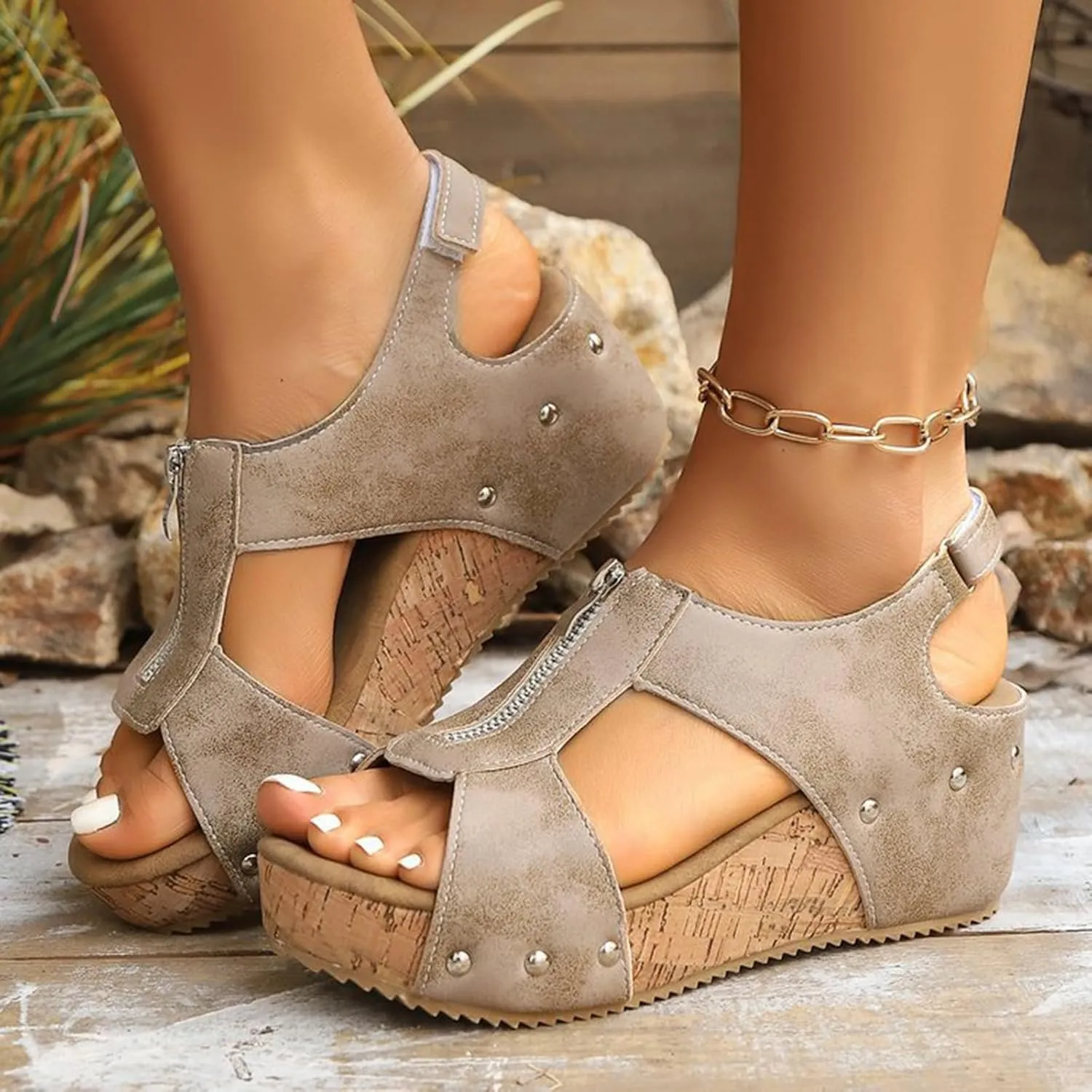 Cork Sandals For Women Summer Orthopedic Wedge Sandals With Arch Support Hollow Out Slip On Beach Slipper Zipper Leather Slides