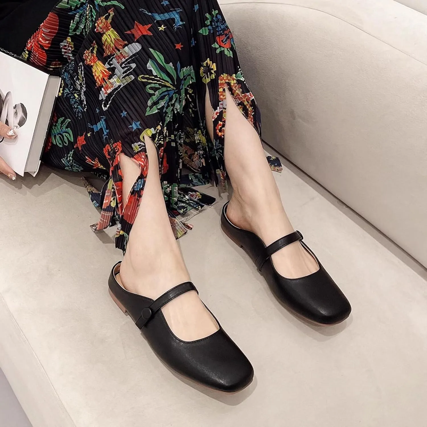 Dear Time Women's Backless Flats Comfortable Slip-ons Dress Mary Jane Shoes