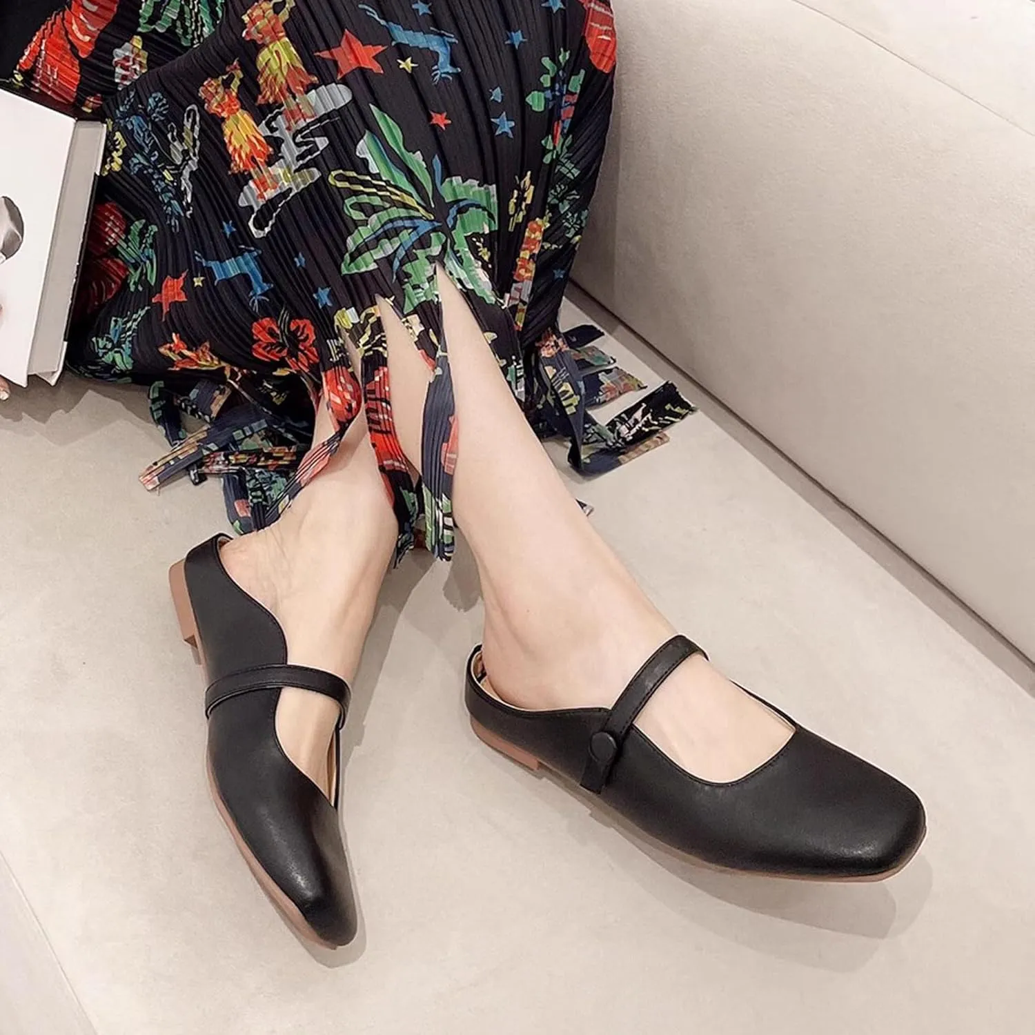 Dear Time Women's Backless Flats Comfortable Slip-ons Dress Mary Jane Shoes