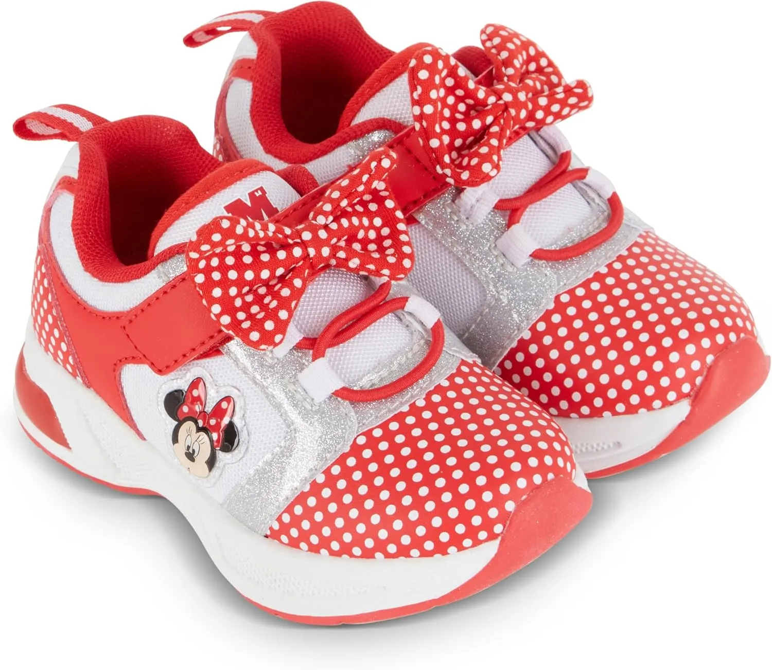Disney Minnie Mouse Girls Sneakers - Slip On Elastic Lace Sneakers - Minnie Mouse Polka Dot and Bows - Everyday Shoes for Kids