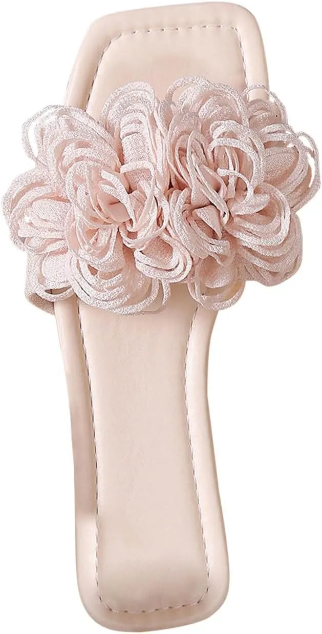 Dressy Sandals Women Slides Square Toe 3D Floral Sandal Trendy Lightweight Comfort Open Toe Beach Cute Shoes