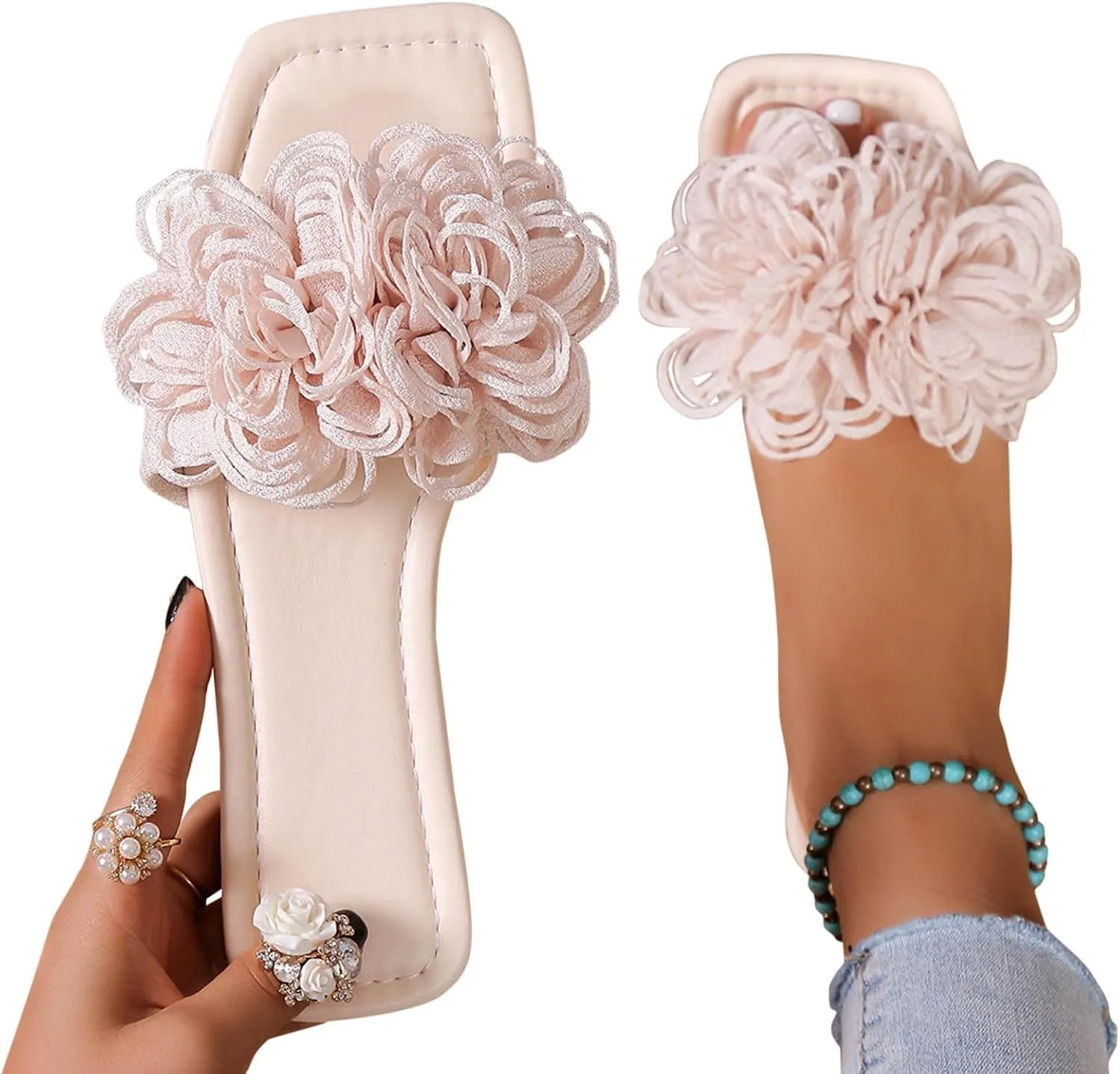 Dressy Sandals Women Slides Square Toe 3D Floral Sandal Trendy Lightweight Comfort Open Toe Beach Cute Shoes