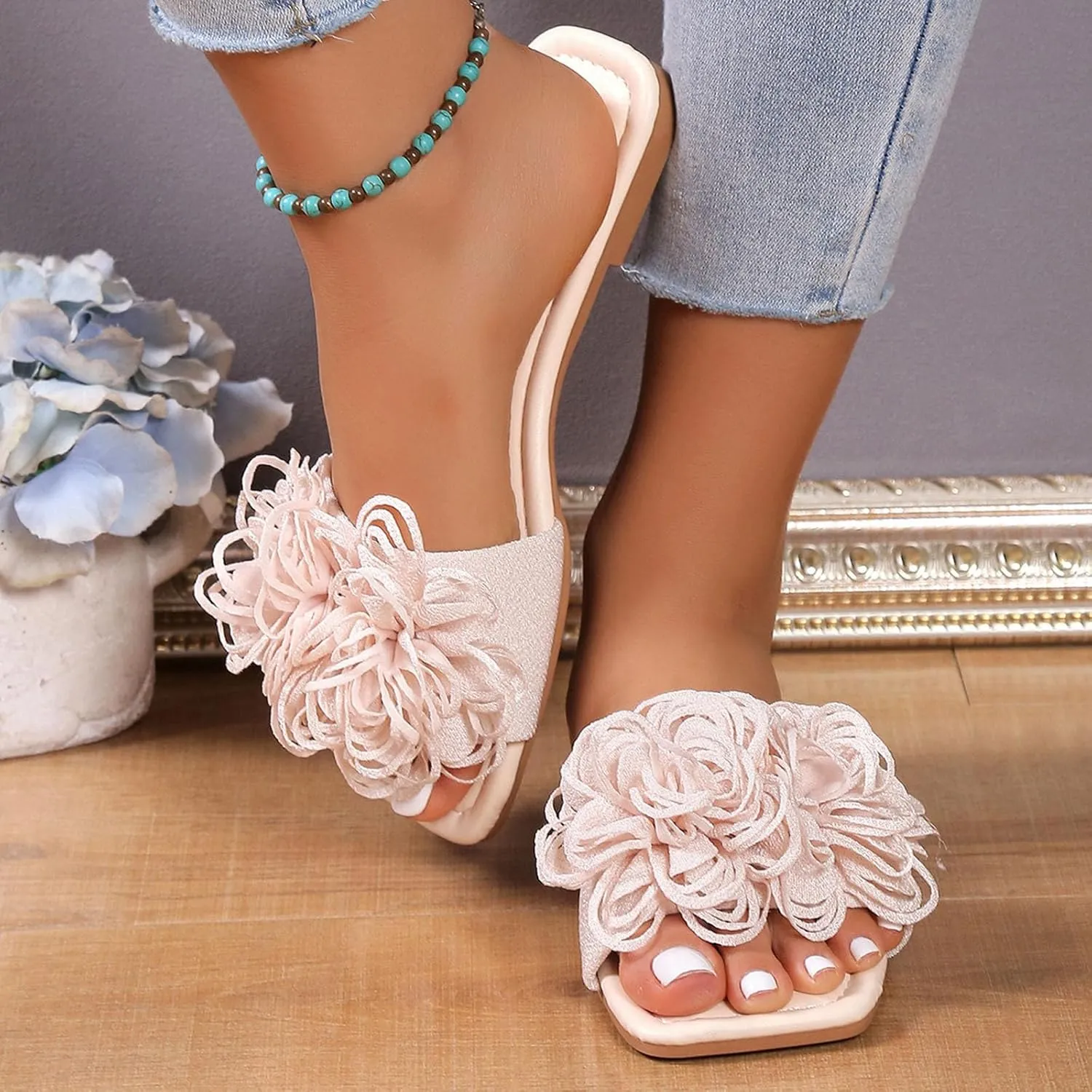 Dressy Sandals Women Slides Square Toe 3D Floral Sandal Trendy Lightweight Comfort Open Toe Beach Cute Shoes