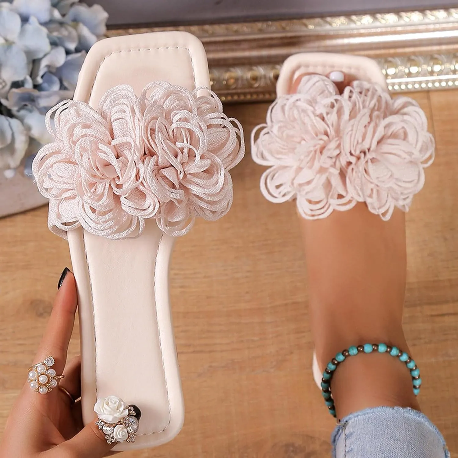 Dressy Sandals Women Slides Square Toe 3D Floral Sandal Trendy Lightweight Comfort Open Toe Beach Cute Shoes