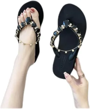 DYJAGYO Women's Rhinestone Chain Platform Wedge Flip Flop Sandals,Women's Rhinestone Flip Flops,Fashion Flip Flop Sandals for Parties and Weddings