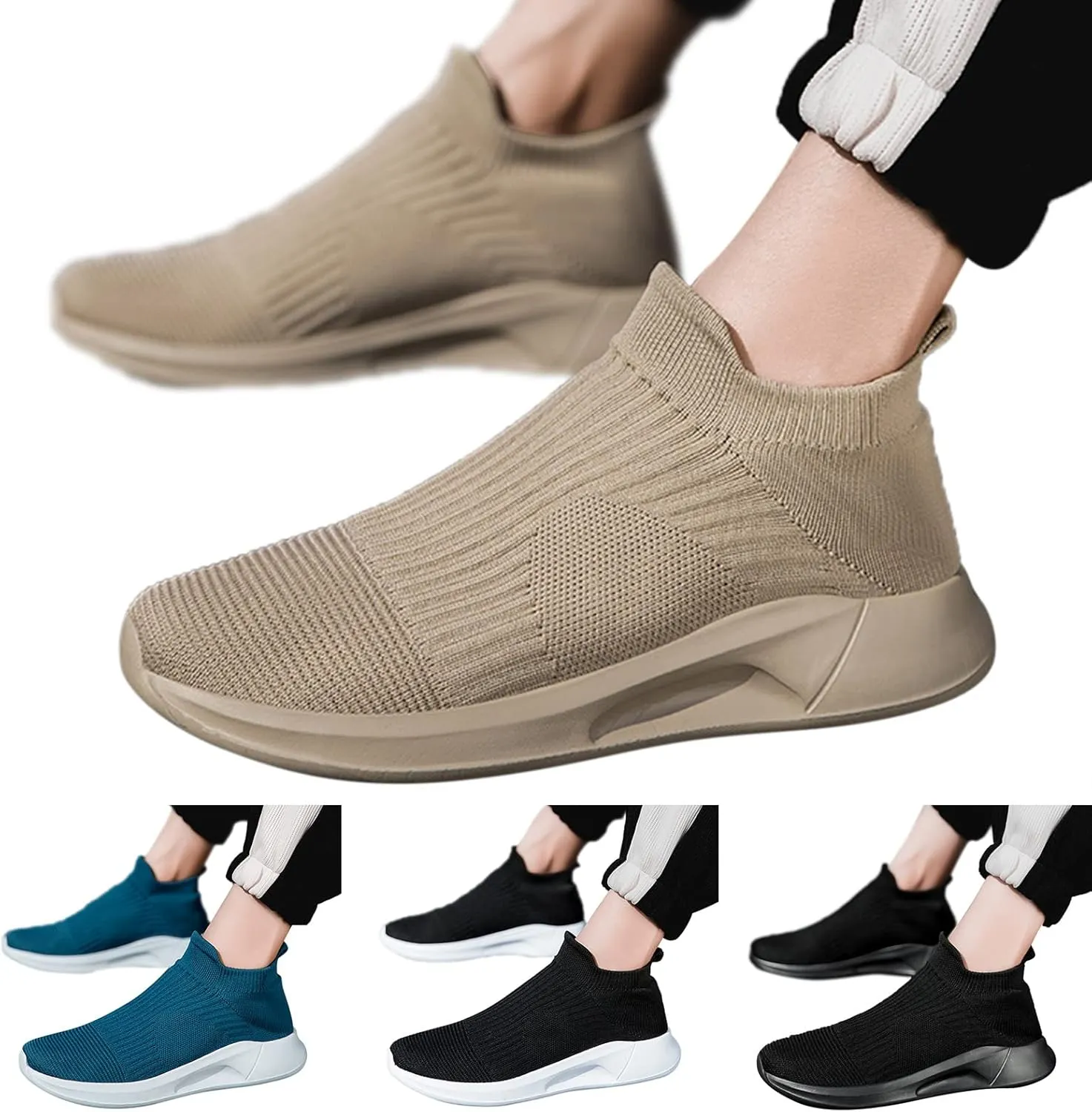 Fashion Spring and Summer Men Sports Shoes Flat Bottom Lightweight Slip On Fly Woven Mesh Mens Sneaker Socks No Show
