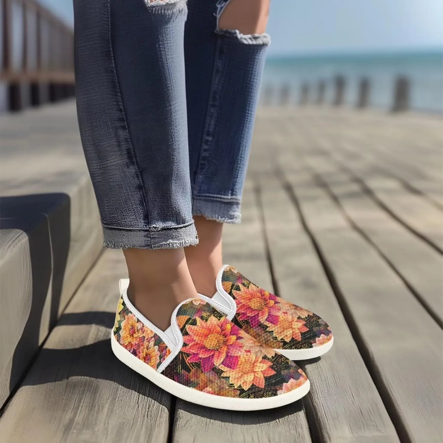 Fashion Wide Barefoot for Women Printing Shoes Lightweight Walking Casual Slip Ons Comfortable Art Painted Soft Shoes US Size 6-11