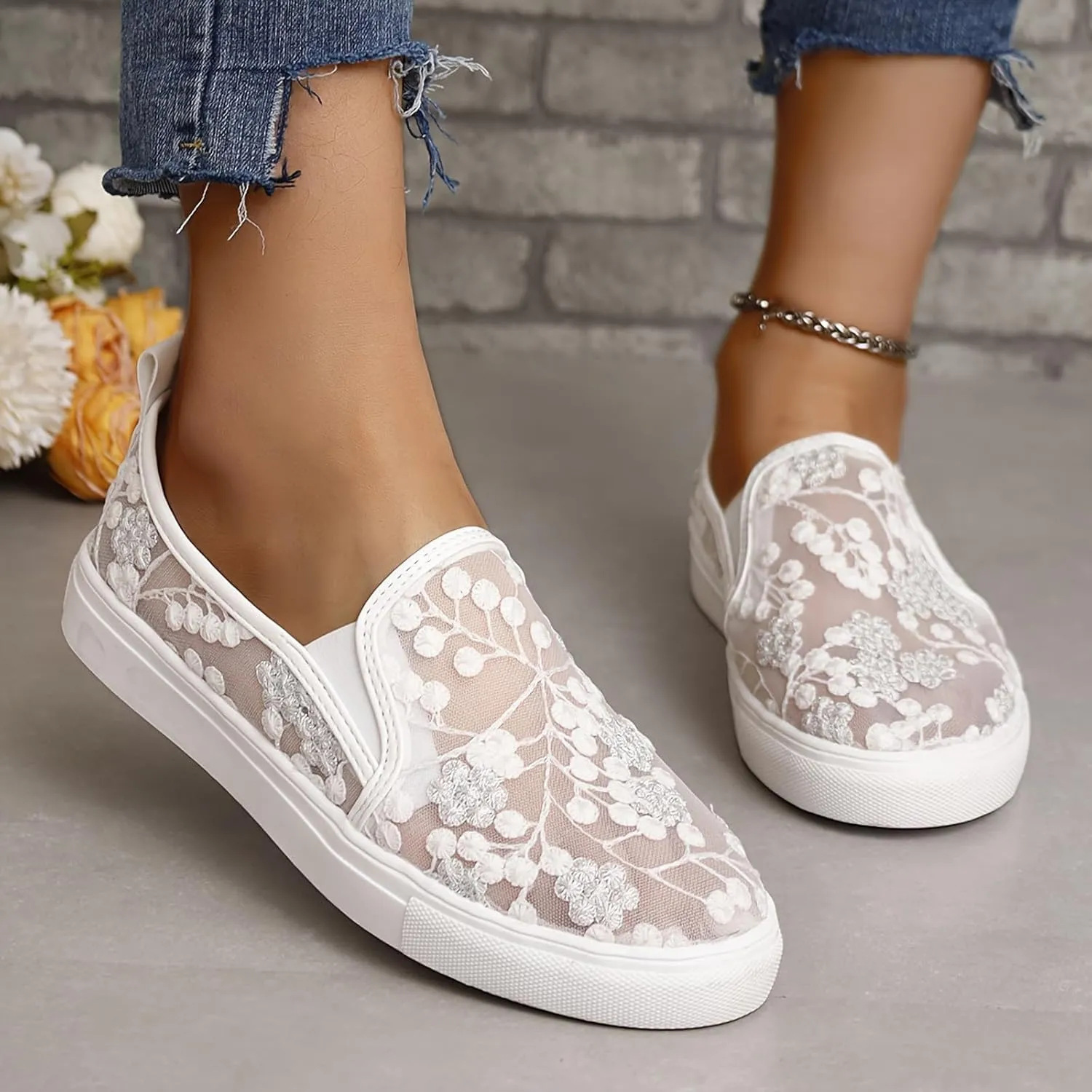 Floral Embroidery Sneakers Breathable Sheer Mesh Sneakers Lightweight Lace Mesh Casual Shoes Fashion Sneakers for Women 2024 Shoes Arch Support Comfortable Sneakers Dressy Walking Sneakers