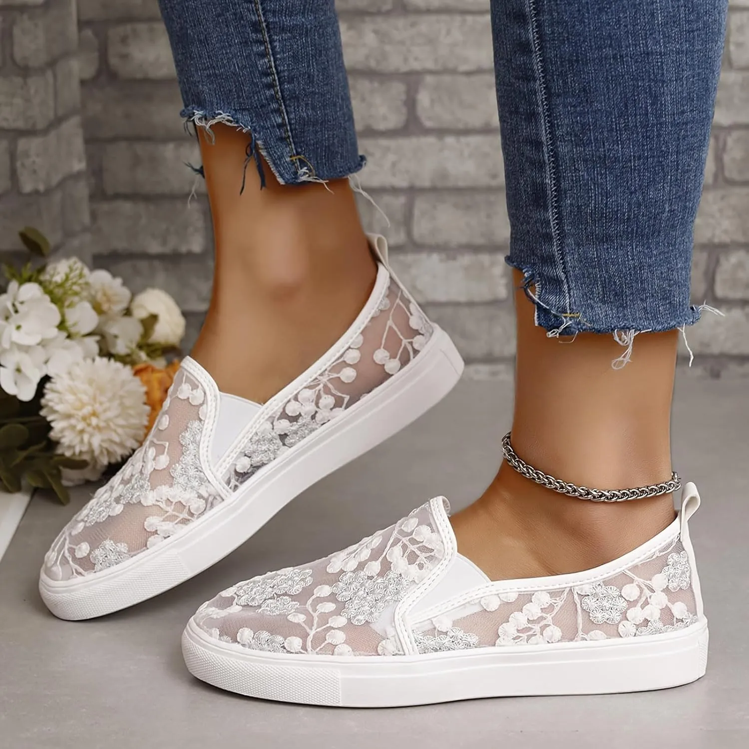 Floral Embroidery Sneakers Breathable Sheer Mesh Sneakers Lightweight Lace Mesh Casual Shoes Fashion Sneakers for Women 2024 Shoes Arch Support Comfortable Sneakers Dressy Walking Sneakers