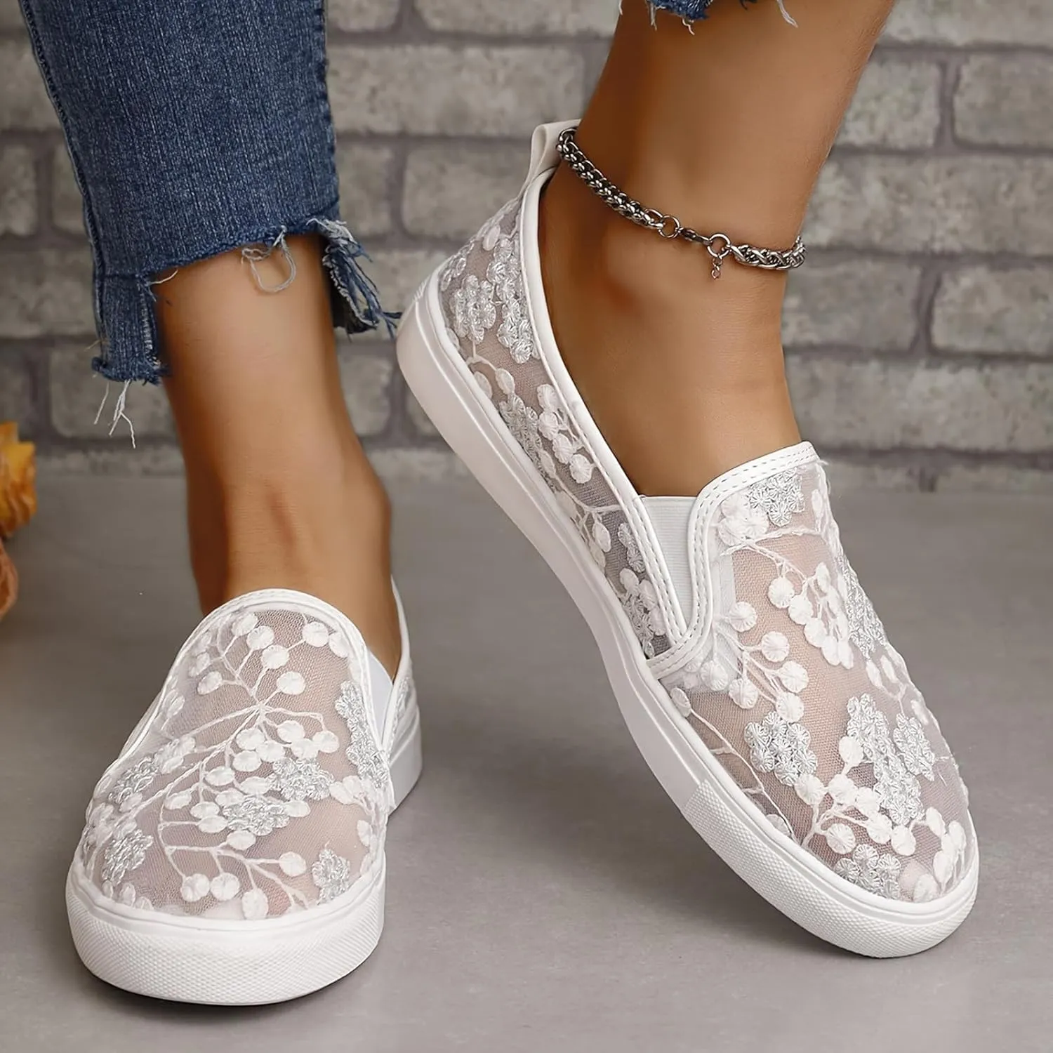 Floral Embroidery Sneakers Breathable Sheer Mesh Sneakers Lightweight Lace Mesh Casual Shoes Fashion Sneakers for Women 2024 Shoes Arch Support Comfortable Sneakers Dressy Walking Sneakers