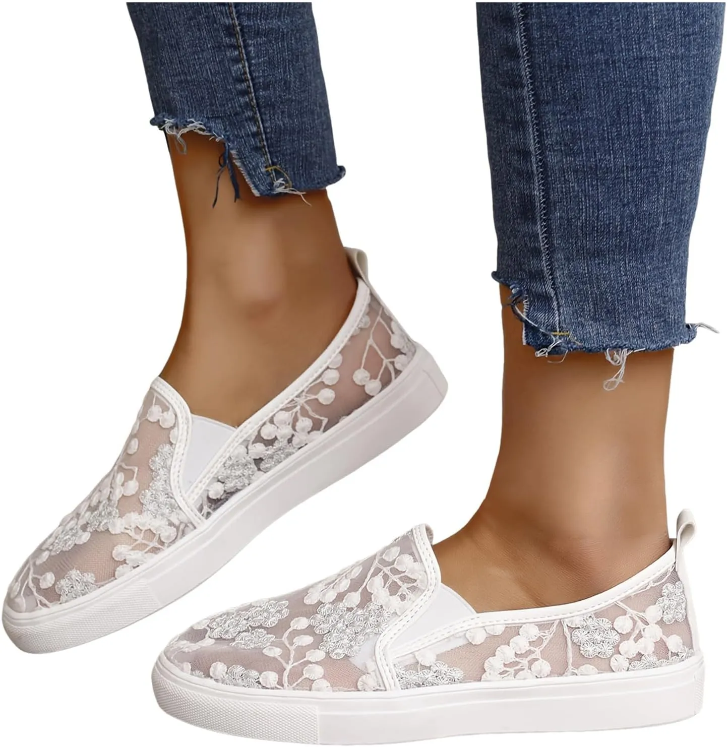 Floral Embroidery Sneakers Breathable Sheer Mesh Sneakers Lightweight Lace Mesh Casual Shoes Fashion Sneakers for Women 2024 Shoes Arch Support Comfortable Sneakers Dressy Walking Sneakers