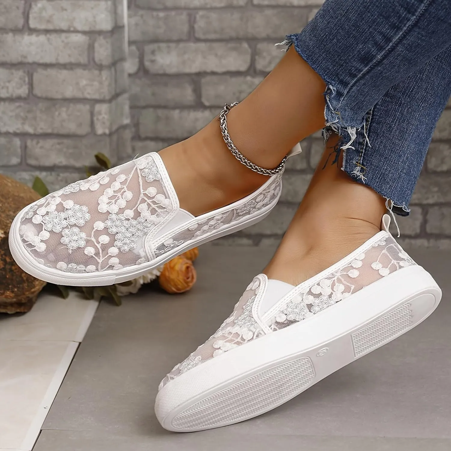 Floral Embroidery Sneakers Breathable Sheer Mesh Sneakers Lightweight Lace Mesh Casual Shoes Fashion Sneakers for Women 2024 Shoes Arch Support Comfortable Sneakers Dressy Walking Sneakers