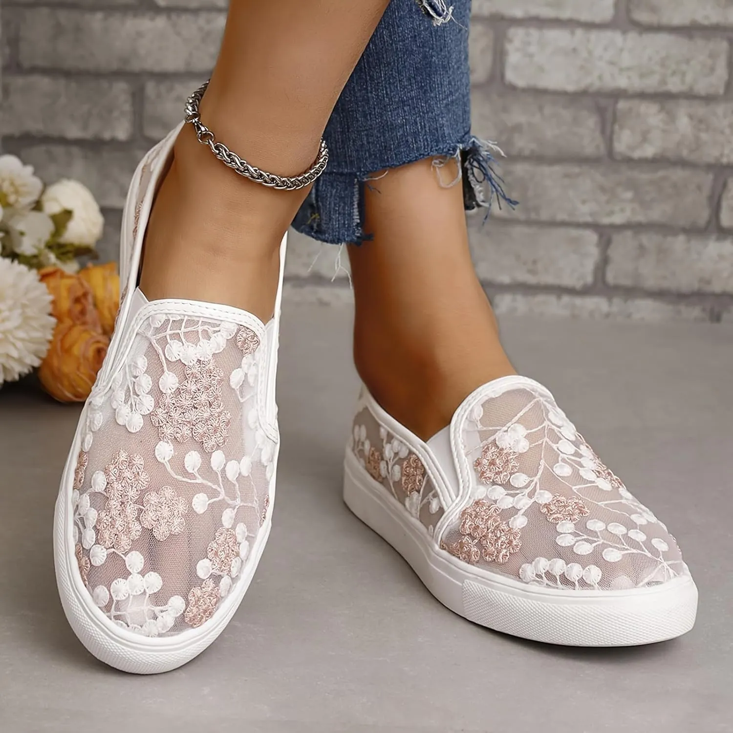 Floral Embroidery Sneakers Breathable Sheer Mesh Sneakers Lightweight Lace Mesh Casual Shoes Fashion Sneakers for Women 2024 Shoes Arch Support Comfortable Sneakers Dressy Walking Sneakers
