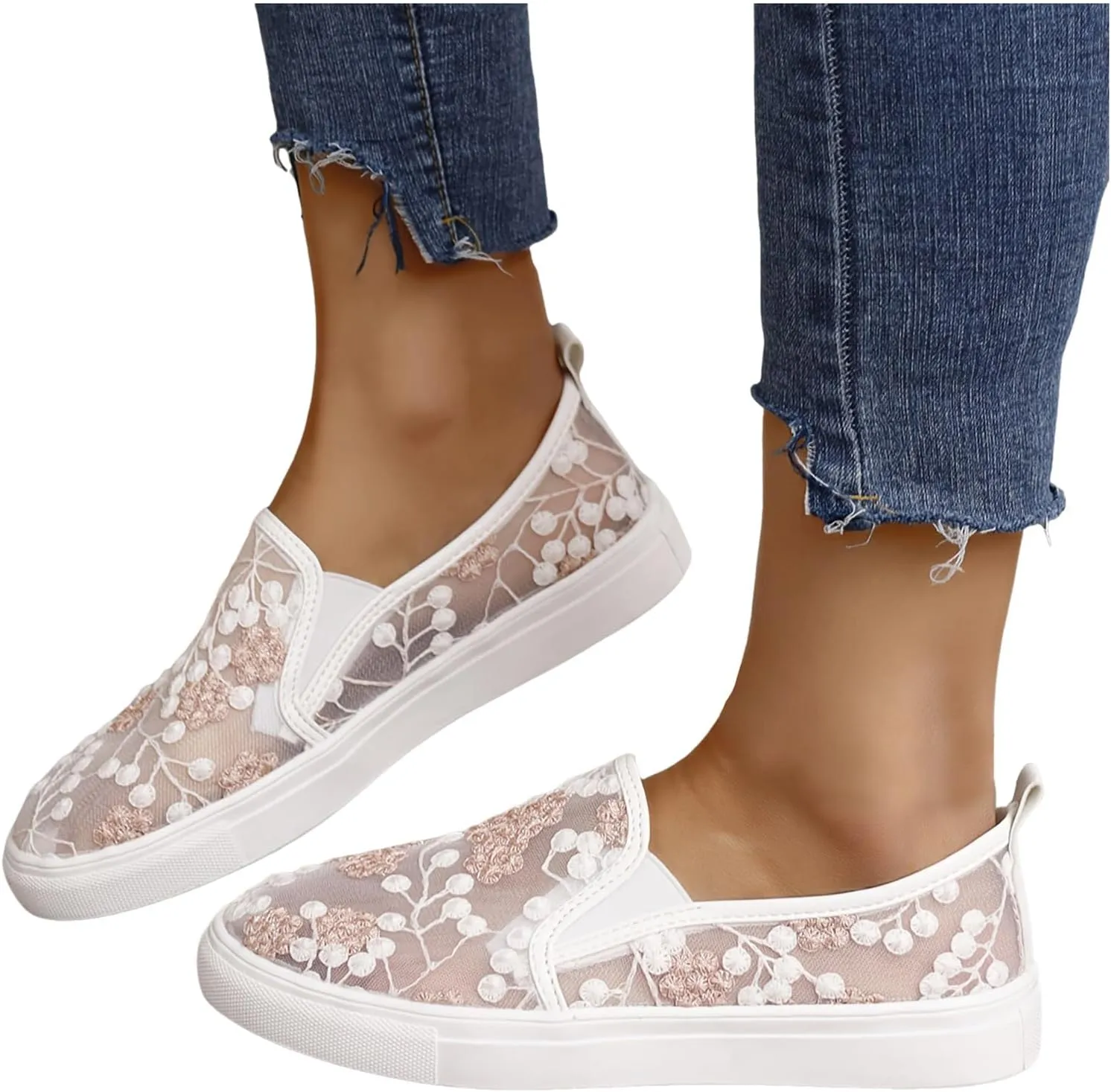 Floral Embroidery Sneakers Breathable Sheer Mesh Sneakers Lightweight Lace Mesh Casual Shoes Fashion Sneakers for Women 2024 Shoes Arch Support Comfortable Sneakers Dressy Walking Sneakers