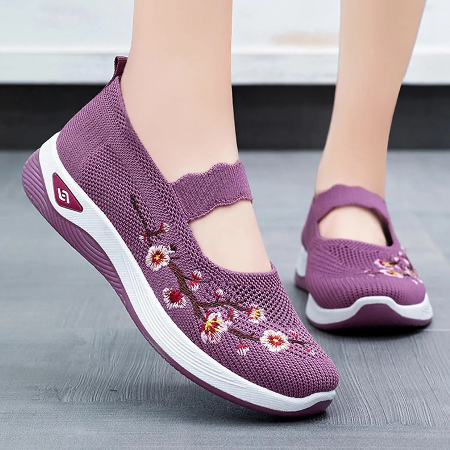 Flower Embroidered Slip On Knitting Flat Loafers for Women Comfortable Soft Sole Tennis Shoes Breathable Mesh Comfy Platform Non Slip Walking Sneakers