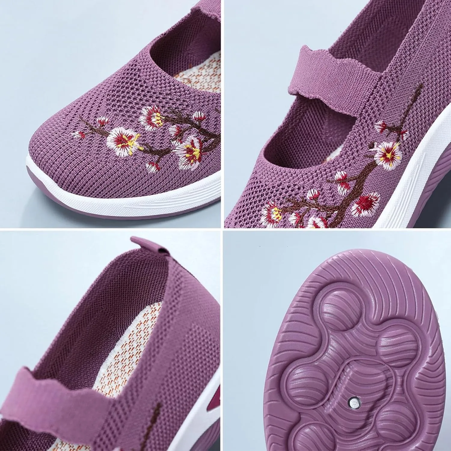 Flower Embroidered Slip On Knitting Flat Loafers for Women Comfortable Soft Sole Tennis Shoes Breathable Mesh Comfy Platform Non Slip Walking Sneakers
