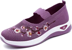 Flower Embroidered Slip On Knitting Flat Loafers for Women Comfortable Soft Sole Tennis Shoes Breathable Mesh Comfy Platform Non Slip Walking Sneakers
