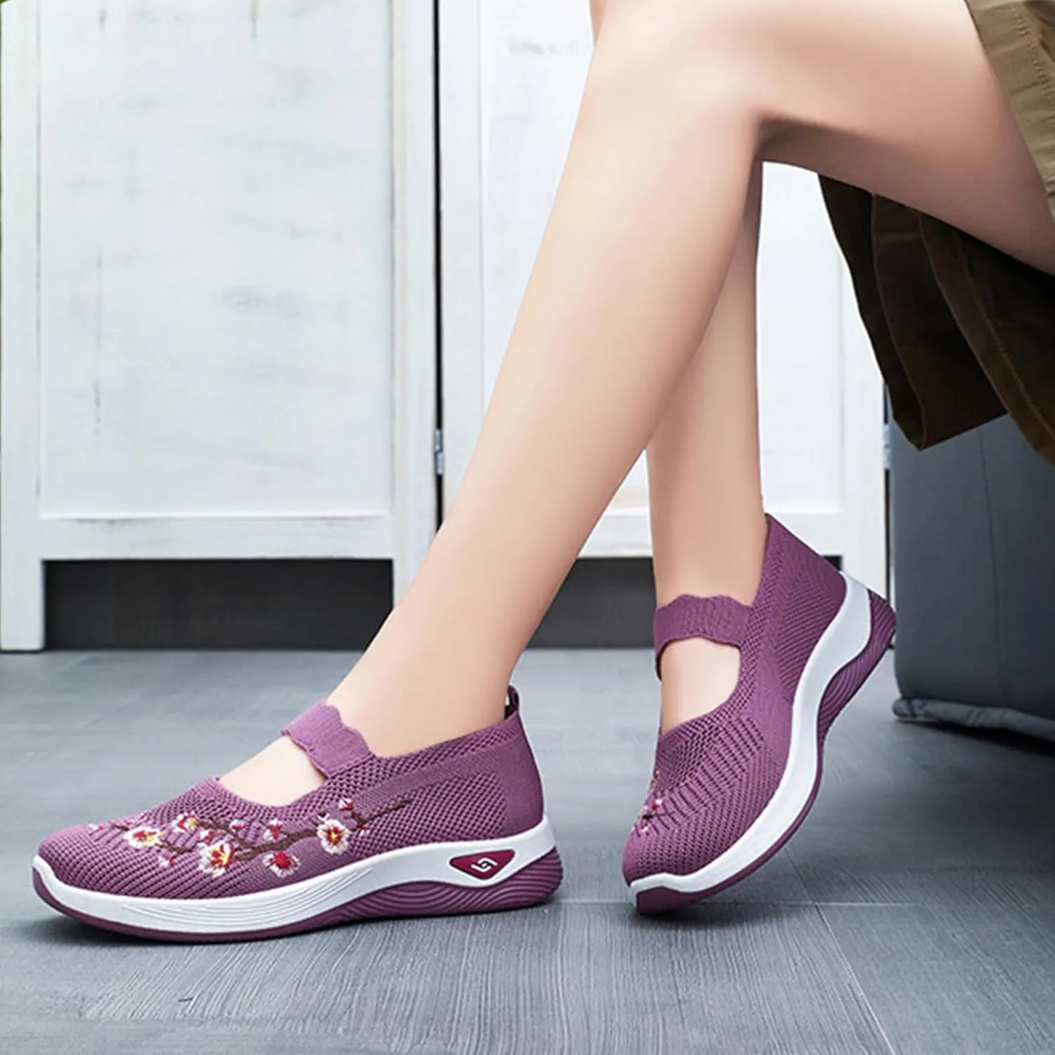 Flower Embroidered Slip On Knitting Flat Loafers for Women Comfortable Soft Sole Tennis Shoes Breathable Mesh Comfy Platform Non Slip Walking Sneakers