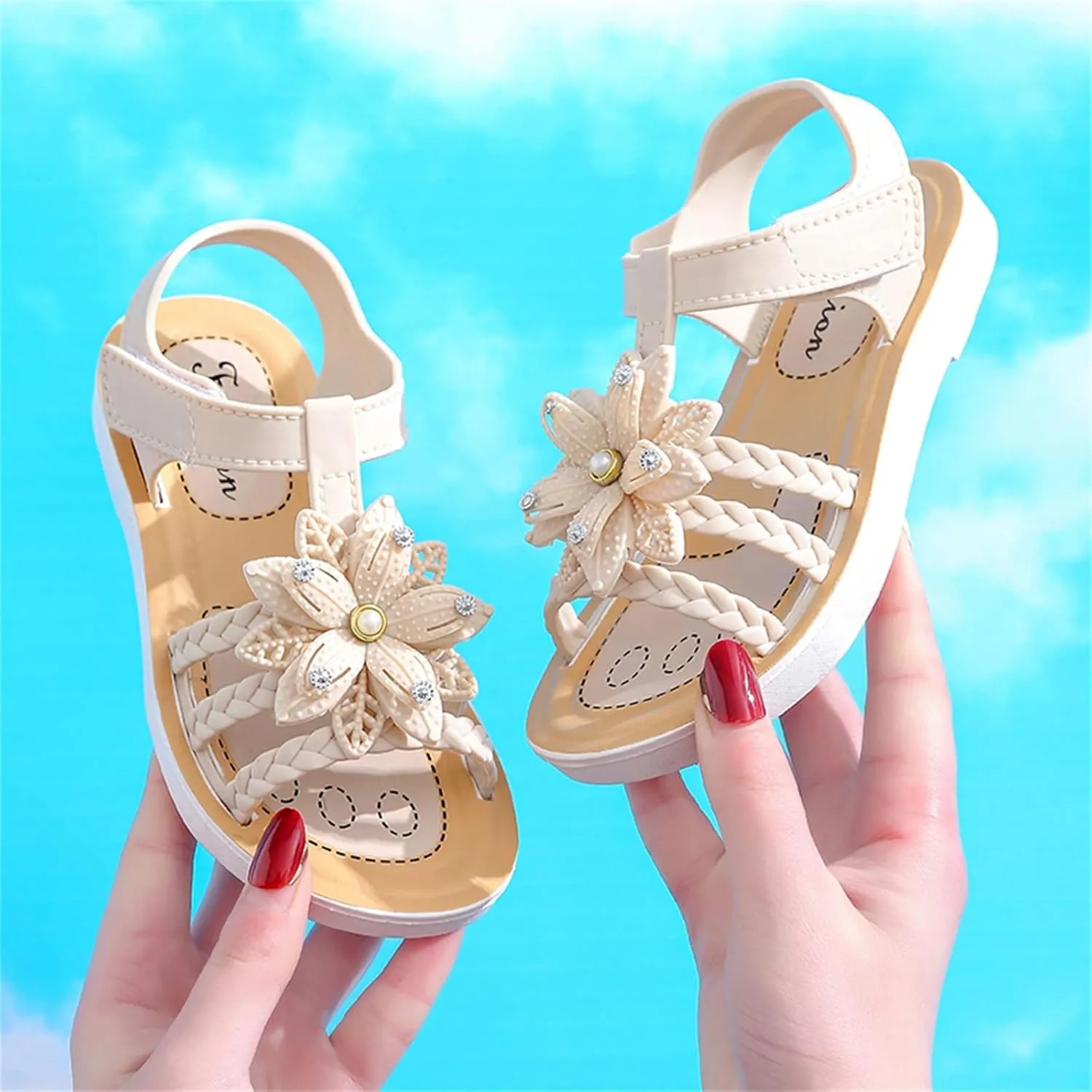 Girls Kids Flower Princess Sandals Rubber Open Toe Flat Shoes Toddler Light Strap Wide Loafers Summer Outdoor Trendy