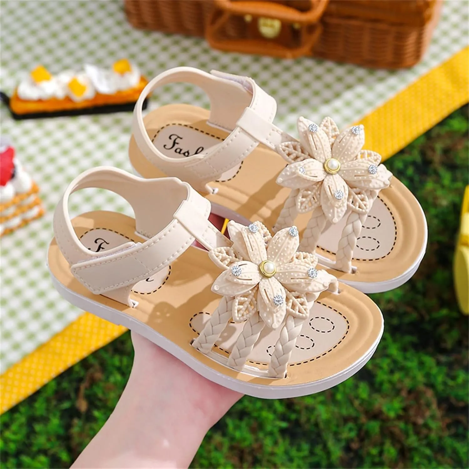 Girls Kids Flower Princess Sandals Rubber Open Toe Flat Shoes Toddler Light Strap Wide Loafers Summer Outdoor Trendy