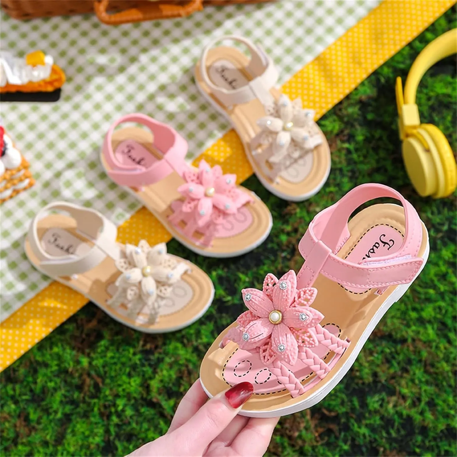 Girls Kids Flower Princess Sandals Rubber Open Toe Flat Shoes Toddler Light Strap Wide Loafers Summer Outdoor Trendy
