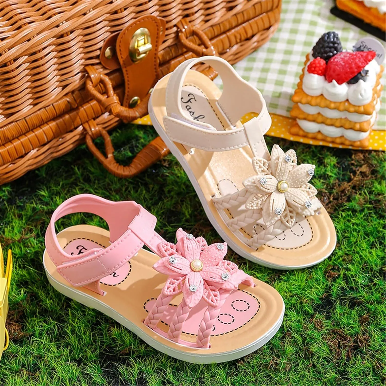 Girls Kids Flower Princess Sandals Rubber Open Toe Flat Shoes Toddler Light Strap Wide Loafers Summer Outdoor Trendy