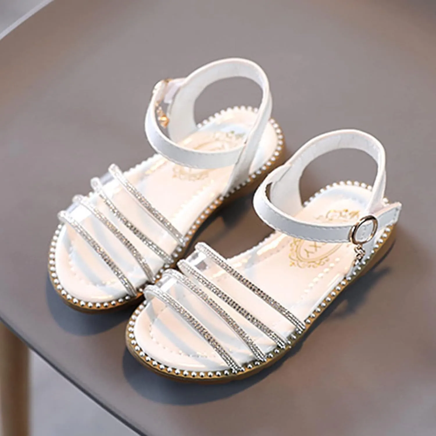 Girls' Sandals Fashion Spring Summer Children Sandals Girls Flat Open Toe Buckle Light and Comfortable Solid Color (White, 2.5 Big Kids)