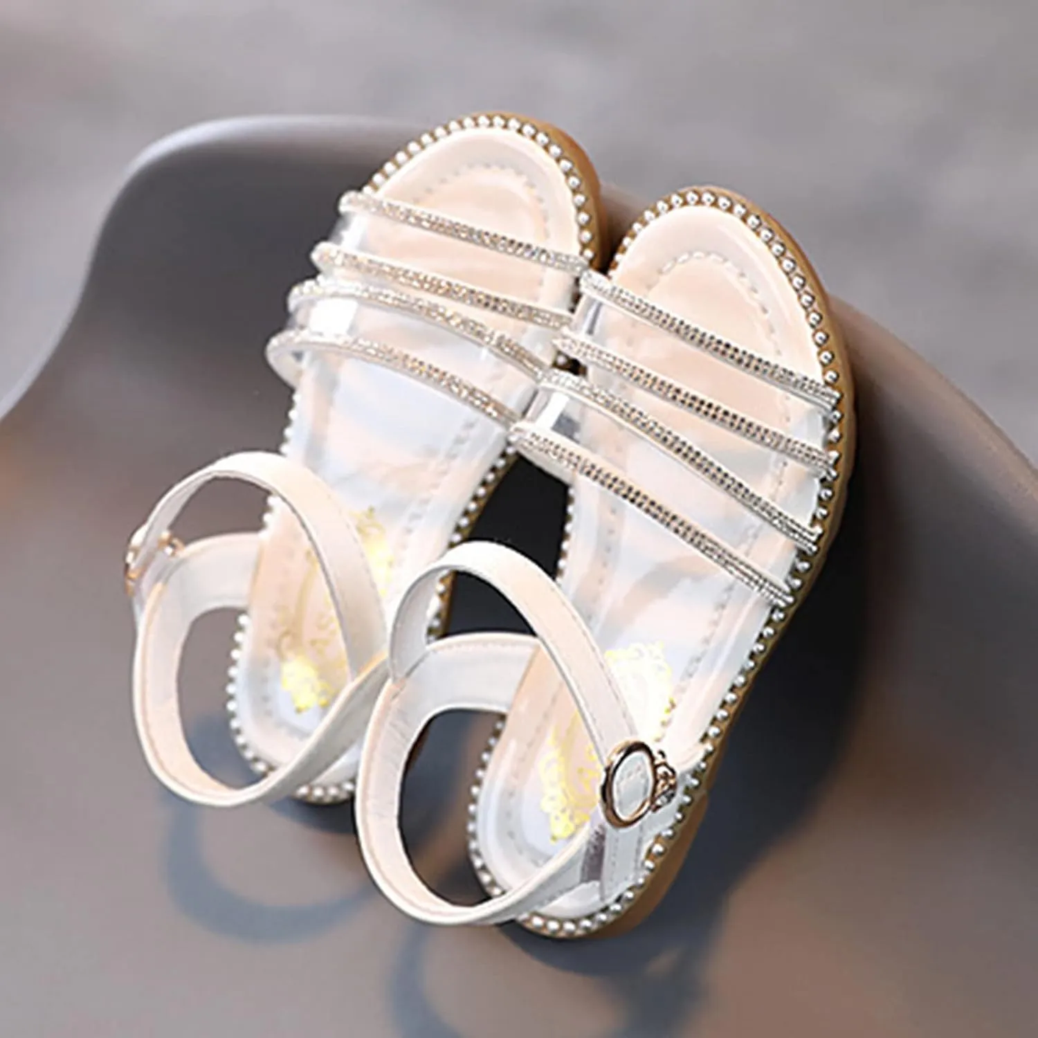 Girls' Sandals Fashion Spring Summer Children Sandals Girls Flat Open Toe Buckle Light and Comfortable Solid Color (White, 2.5 Big Kids)