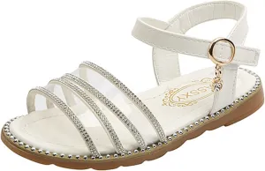 Girls' Sandals Fashion Spring Summer Children Sandals Girls Flat Open Toe Buckle Light and Comfortable Solid Color (White, 2.5 Big Kids)