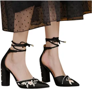 Hbeylia High Heels For Women Bride Wedding Day Satin Flower Embroidered Pearl Pointed Toe Lace Up Ballet Flats Chunky High Heeled Ankle Strap Dress Pump Shoes For Ladies Christmas Party Favor