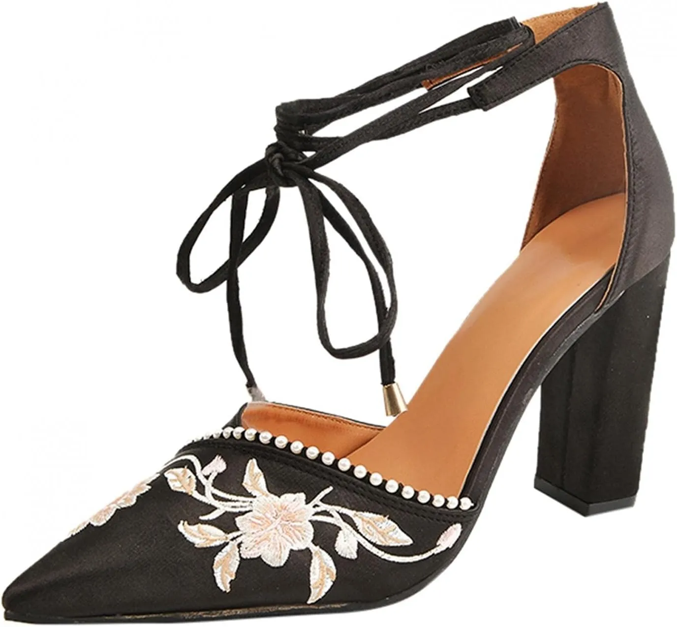 Hbeylia High Heels For Women Bride Wedding Day Satin Flower Embroidered Pearl Pointed Toe Lace Up Ballet Flats Chunky High Heeled Ankle Strap Dress Pump Shoes For Ladies Christmas Party Favor