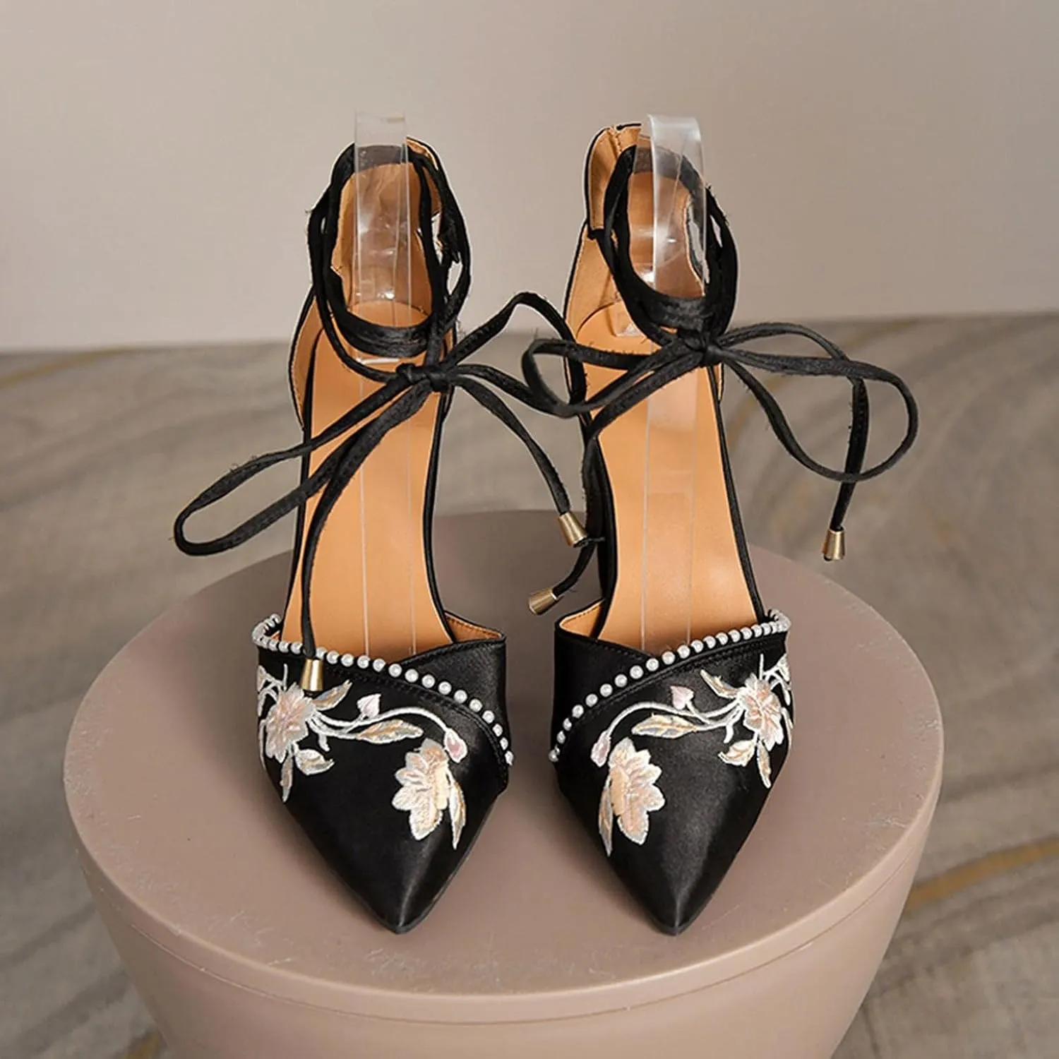 Hbeylia High Heels For Women Bride Wedding Day Satin Flower Embroidered Pearl Pointed Toe Lace Up Ballet Flats Chunky High Heeled Ankle Strap Dress Pump Shoes For Ladies Christmas Party Favor