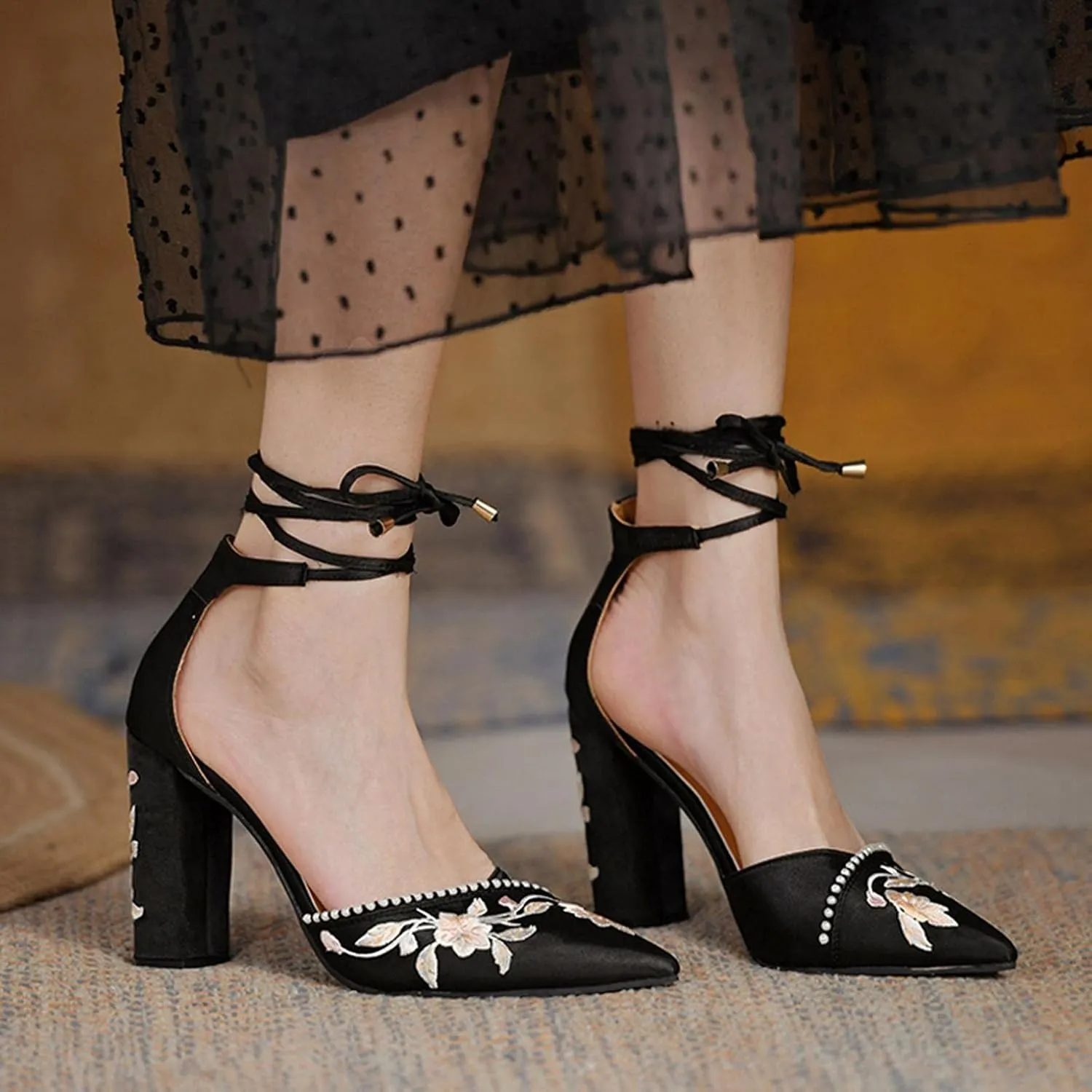 Hbeylia High Heels For Women Bride Wedding Day Satin Flower Embroidered Pearl Pointed Toe Lace Up Ballet Flats Chunky High Heeled Ankle Strap Dress Pump Shoes For Ladies Christmas Party Favor