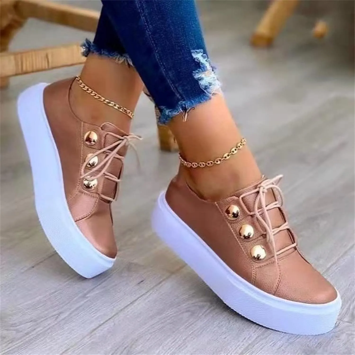 Ladmiple Shoes For Women Dressy Casual Flats PU Leather Shoes Lace Up Comfortable Fashion Slip On Sneakers Walking Loafers