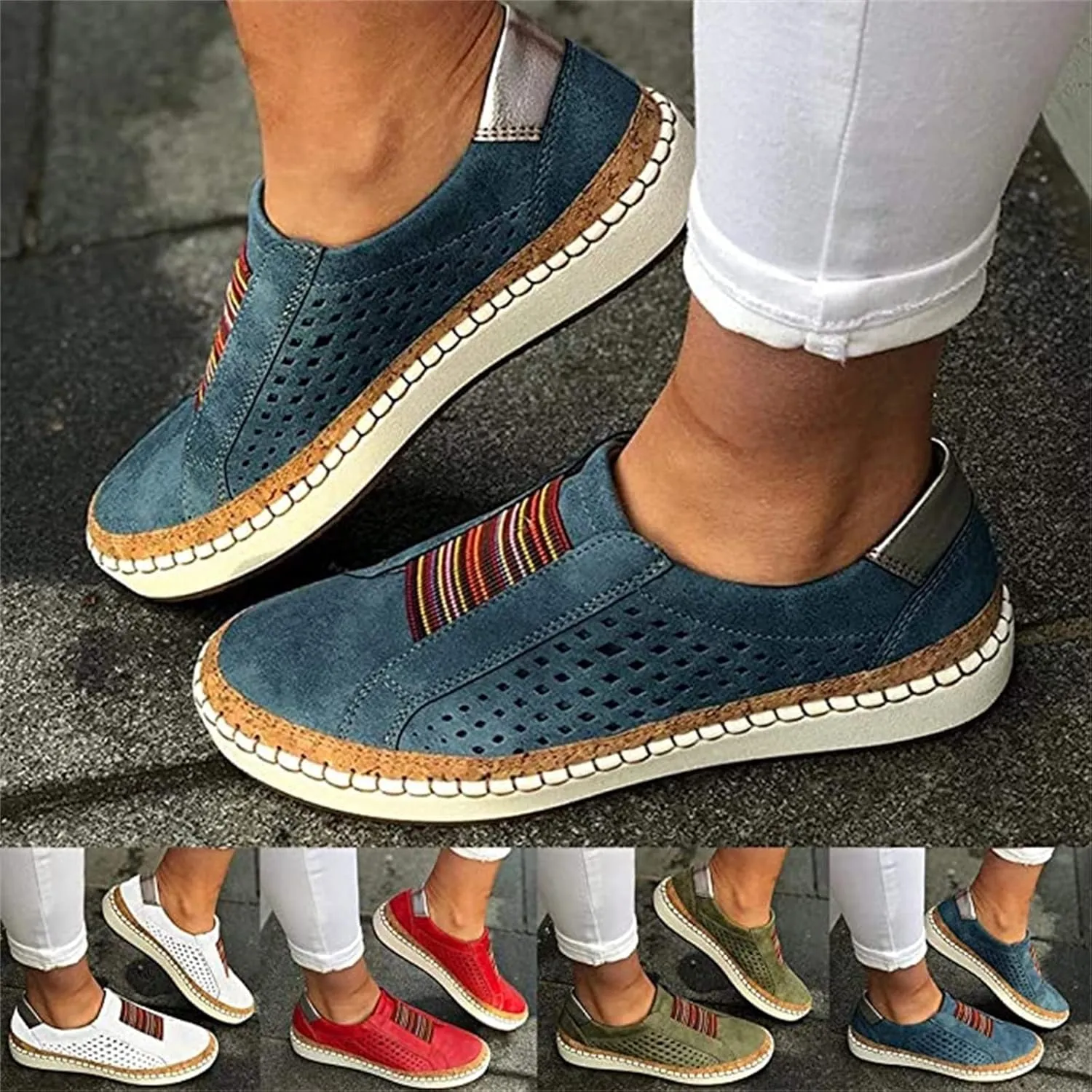 Ladmiple Sneakers For Women Slip On Wide Width Casual Leather Walking Shoes Dressy Casual Summer Lace Up Platform Loafer