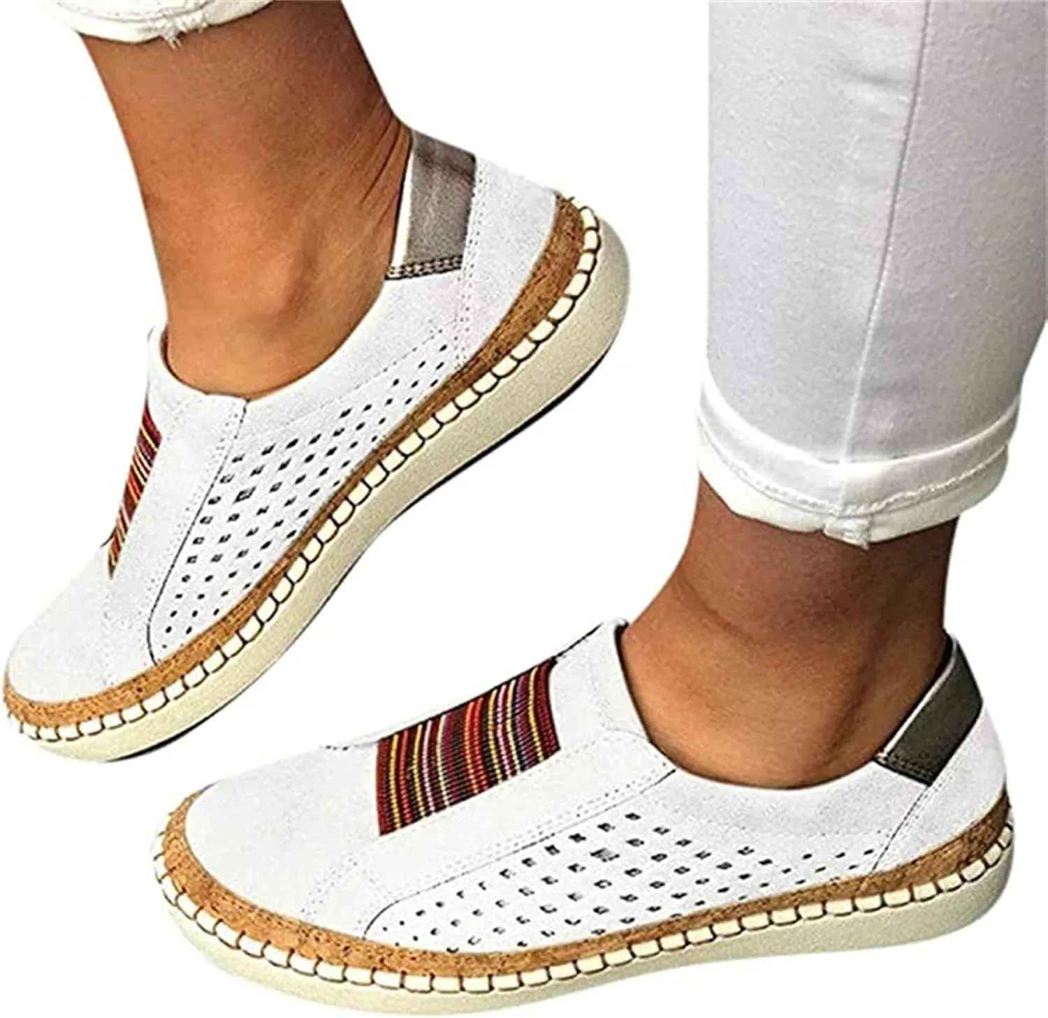 Ladmiple Sneakers For Women Slip On Wide Width Casual Leather Walking Shoes Dressy Casual Summer Lace Up Platform Loafer